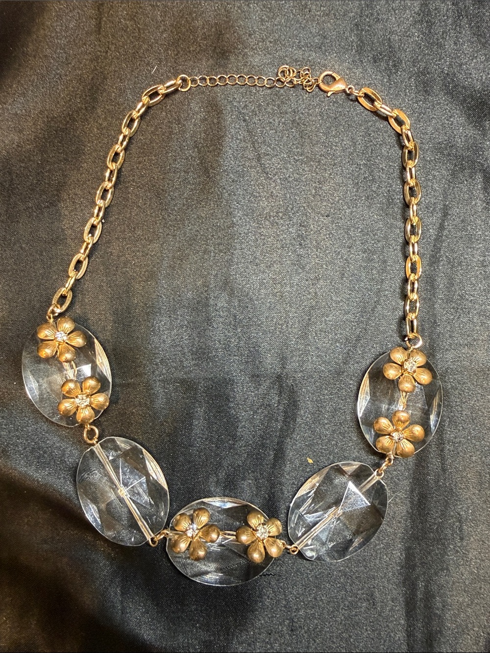 Gold Flower Accent Clear Oval Link Necklace - Women Jewelry